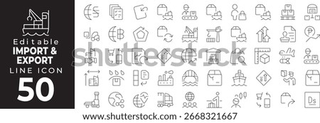 Import, Export, and Global Trade Thin Line Icon Set