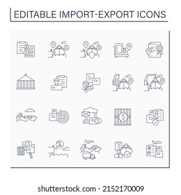 Iconos de línea de importación y exportación establecidos.Intercambio de capital, bienes y servicios a través de fronteras o territorios internacionales.Concepto de comercio internacional. Ilustraciones vectoriales aisladas. Trazo editable