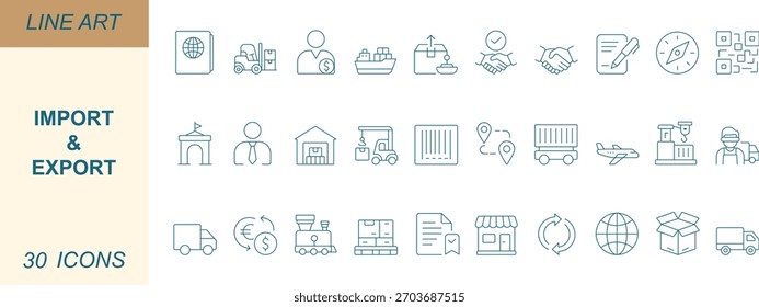 Importieren und exportieren Sie minimale Linien-Symbole mit Fracht, Schiff, Flugzeug, LKW, Lager, Zoll, Vertrag, Rechnung, Zahlung und globalem Handel. Perfekt für Apps, Web, Business und UI.