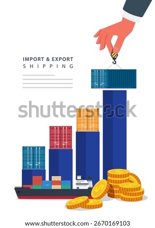 Import and export shipping of shipment with sea transport. International logistics, cargo delivery. Global trade. Ocean Freight. Businessman sale goods and services worldwide. Stock illustration.