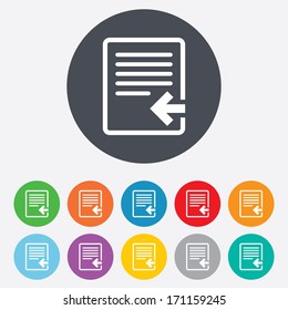 Import file icon. File document symbol. Round colourful 11 buttons. Vector