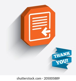 Import file icon. File document symbol. White icon on orange 3D piece of wall. Carved in stone with long flat shadow. Vector