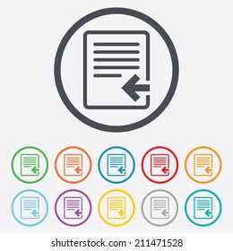 Import file icon. File document symbol. Round circle buttons with frame. Vector