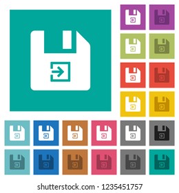 Import file multi colored flat icons on plain square backgrounds. Included white and darker icon variations for hover or active effects.