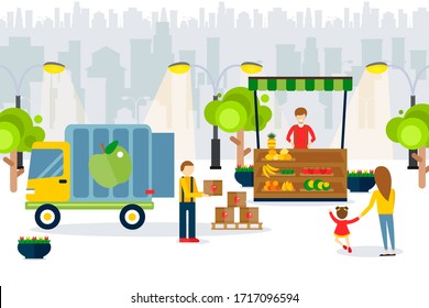 Import fruits icons, supplier brought tomatoes crates on van, vector illustration. Seller behind counter with vegetables, fresh products city market. Buyers character choose large assortment.