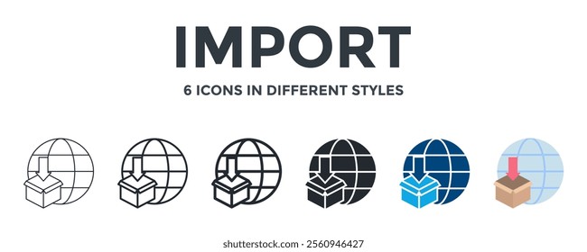 IMPORT icon in different style vector illustration. Designed in thin line, regular line, bold line, glyph, color fill, and flat style can be used for web