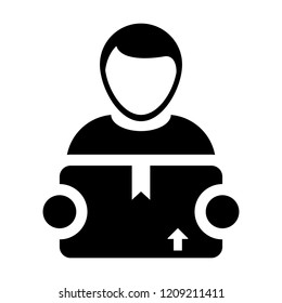 Import icon vector male logistics worker service person profile avatar with cargo package box for courier and delivery in Glyph Pictogram Symbol illustration