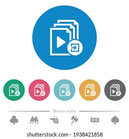 Import playlist flat white icons on round color backgrounds. 6 bonus icons included.