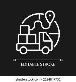 Import restrictions white linear icon for dark theme. Sanctions. Thin line customizable illustration. Isolated vector contour symbol for night mode. Editable stroke. Pixel perfect. Arial font used