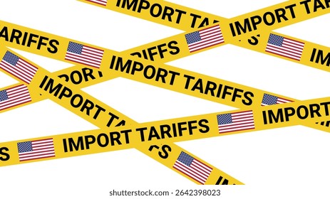Fita de advertência de tarifas de importação com bandeiras dos EUA, fundo transparente indicando barreiras comerciais, direitos aduaneiros, imposto de importação, conflito de política econômica, zona de restrição, limitação de negócios internacionais