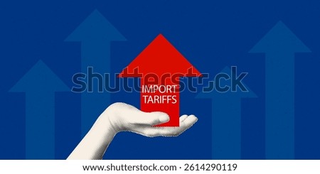 Import tariffs increasing concept art collage banner. US trade war policy. Halftone hand holding rising tax arrow Modern retro vector illustration