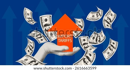 Import tariffs increasing, US trade war policy concept art collage banner. Halftone hand holding rising tax arrow Modern retro vector illustration on blue background with flying dollar money