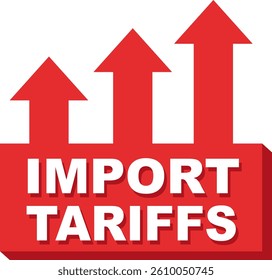 "Import Tariffs" text with rising red arrows. Vector illustration of increasing trade taxes and economic impact.