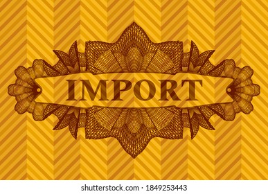 Import text inside Currency orange color realistic emblem. Geometric fashionable background. Intense illustration. 