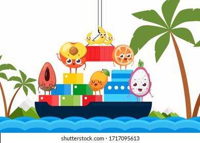 Import tropical fruits on ship by ocean vector illustration. Natural products, peach, avocado, apricot stand on boxes for transportation. Transportation banana, orange and pitaya banner.