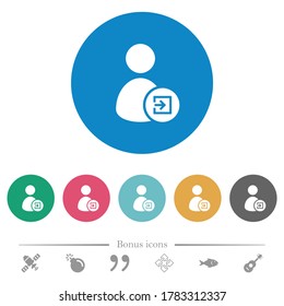 Import user data flat white icons on round color backgrounds. 6 bonus icons included.