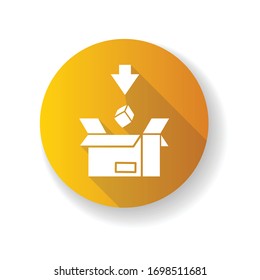 Import yellow flat design long shadow glyph icon. Commodity in cardboard box. Logistics, mail, cargo delivery service. Commerce, international trade. Silhouette RGB color illustration