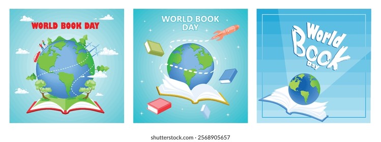 The importance of all knowledge that emerges from a book. Globe and colorful books. Books are windows to the world. World Book Day concept. Set flat vector illustration.