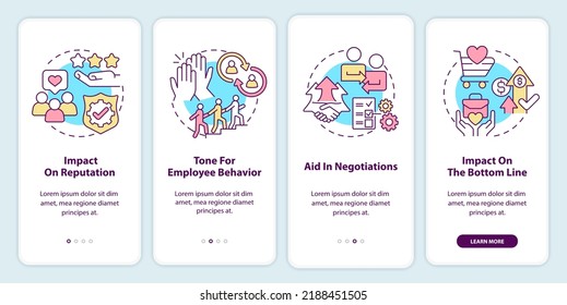 Importance of business ethics onboarding mobile app screen. Reputation walkthrough 4 steps editable graphic instructions with linear concepts. UI, UX, GUI template. Myriad Pro-Bold, Regular fonts used