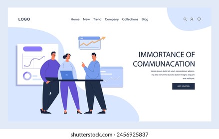 Importance of Communication concept. Team members discussing data charts, emphasizing seamless collaboration and effective information exchange. Flat vector illustration.