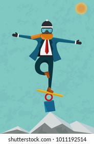 The importance of concentration and focusing for achieving your goal or dream. The man is balancing on the top of the mountain. Variant 1
