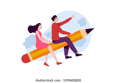 Importance Of Education. Student boy and girl flying on the pencil as educational improvement