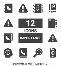importance icon set. Collection of 12 filled importance icons included Warning, Agenda