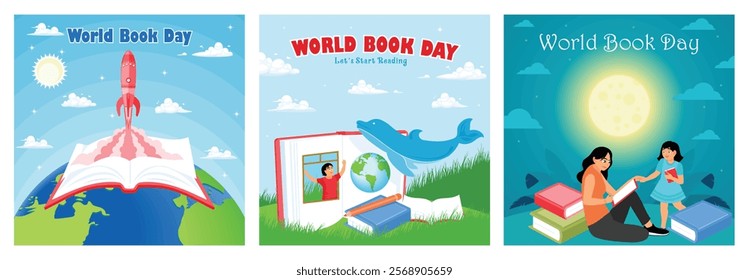 The importance of knowledge for the future. Children's imagination in telling stories. Mother and daughter reading a book together. World Book Day concept. Set flat vector illustration.