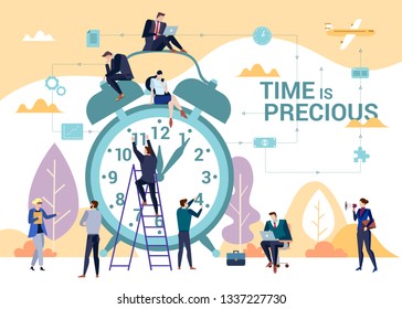 The importance of time in business concept flat vector illustration with people gathered around classic alarm clock. Task management and productivity theme with Time is Precious words.