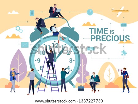 The importance of time in business concept flat vector illustration with people gathered around classic alarm clock. Task management and productivity theme with Time is Precious words.