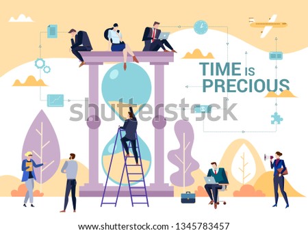 The importance of time in business concept flat vector illustration with people gathered around sand clock. Task management and productivity theme with Time is Precious sign.