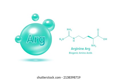 Important amino acid Arginine Arg and structural chemical formula and line model of molecule. Arginine blue on a white background. 3D Vector Illustration. Medical and scientific concepts.