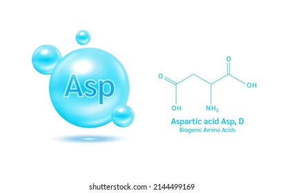 Important amino acid Aspartic acid Asp, D and structural chemical formula and line model of molecule. Aspartic blue on a white background. 3D Vector Illustration. Medical and scientific concepts.