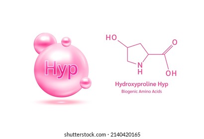 Important amino acid Hydroxyproline Hyp and structural chemical formula and line model of molecule. Hydroxyproline pink on a white background. 3D Vector Illustration. Medical and scientific concepts.