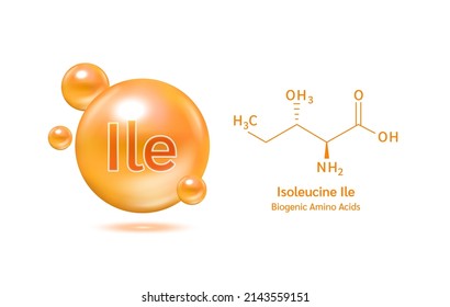 Important amino acid Isoleucine Ile and structural chemical formula and line model of molecule. Isoleucine orange on a white background. 3D Vector Illustration. Medical and scientific concepts.