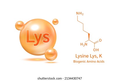 Important amino acid Lysine Lys, K and structural chemical formula and line model of molecule. Lysine orange on a white background. 3D Vector Illustration. Medical and scientific concepts.