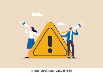Important announcement, attention or warning information, breaking news or urgent message communication, alert and beware concept, business people announce on megaphone with attention exclamation sign