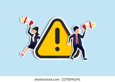 Important announcement, attention or warning information, breaking news or communication, alert and beware concept, business people announce on megaphone with attention exclamation sign. Paper Cut Sty