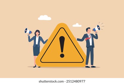 Important announcement, attention or warning information, breaking news or urgent message communication, alert and beware concept, business people announce on megaphone with attention exclamation sign