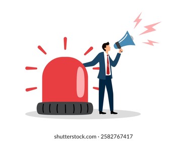 Important announcement, attention or warning information, breaking news or urgent message communication, alert and beware concept. Businessman announce on megaphone in flat design.