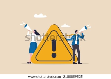 Important announcement, attention or warning information, breaking news or urgent message communication, alert and beware concept, business people announce on megaphone with attention exclamation sign