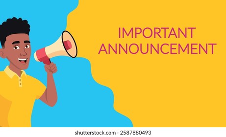 Important announcement Banner Vector. Black Guy With Loudspeaker. Speakerphone. Business Advertising. Place For Text. Attention Illustration	
