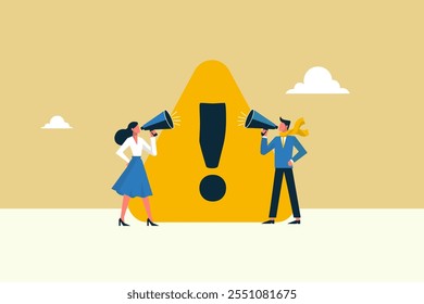 Important announcement or breaking news concept featuring business people using a megaphone, paired with an exclamation mark for urgency and attention. Ideal for alerts and warnings