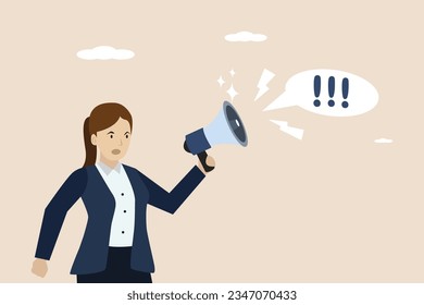 Important announcement, broadcasting communication, confident businesswoman speaking in megaphone with exclamation mark.