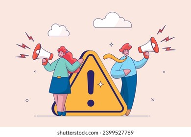 Important announcement concept. Attention or warning information, breaking news or urgent message communication, alert and beware, business people announce on megaphone with attention exclamation sign