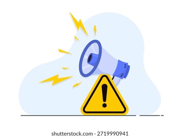 Wichtiges Ankündigungszeichen Achtung, bitte! Warnausrufezeichen mit Megaphon-Stockgrafik.