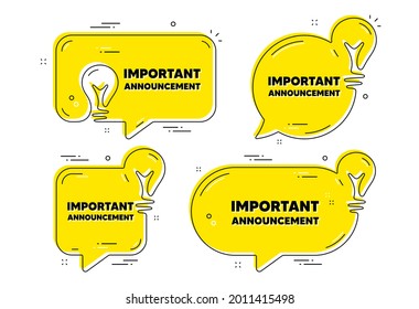 Texto importante del anuncio. Idea burbujas de chat amarillas. Signo de oferta especial. Símbolo de descuentos publicitarios. Carteles importantes de mensajes de chat de anuncio. Globos de bombilla de ideas. Vector