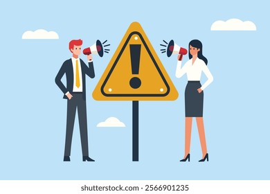 Important announcement or warning concept with professionals using megaphones near an exclamation sign, symbolizing urgent communication, caution, and information awareness.