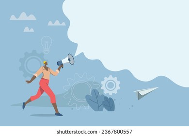 Important announcements, advertisements from company to make organization or important target groups aware. Empty space for text or talking business concept. Business woman using megaphone to speech.