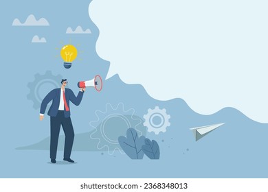 Important announcements, advertisements from company to make organization or important target groups aware. Empty space for text or talking business concept. Businessman using megaphone to speech.